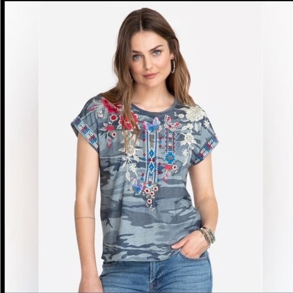Johnny Was Blue Embroidered Floral Short Sleeve Top